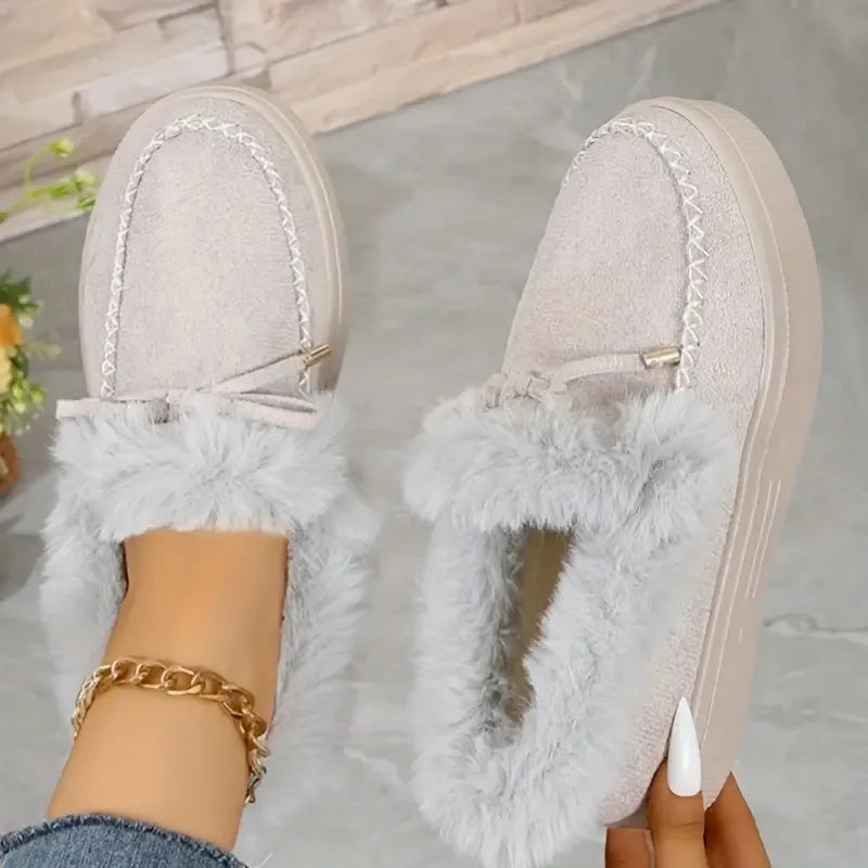 Bow Furry Round Toe Flat Slip-Ons - Gray