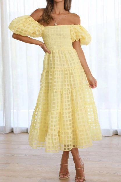 Off Shoulder Short Puff Sleeve Midi Dress -