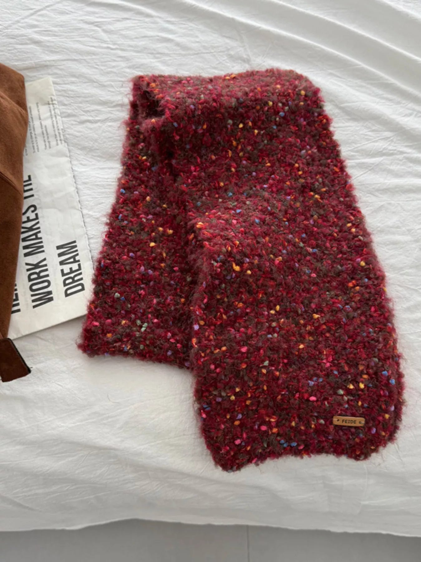Cozy Knitted Multicolor Speckled Scarf - Burgundy One Size