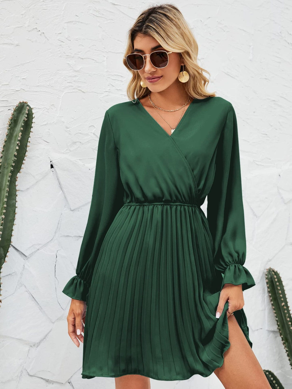 Surplice Flounce Sleeve Pleated Mini Dress | AdoreStarr