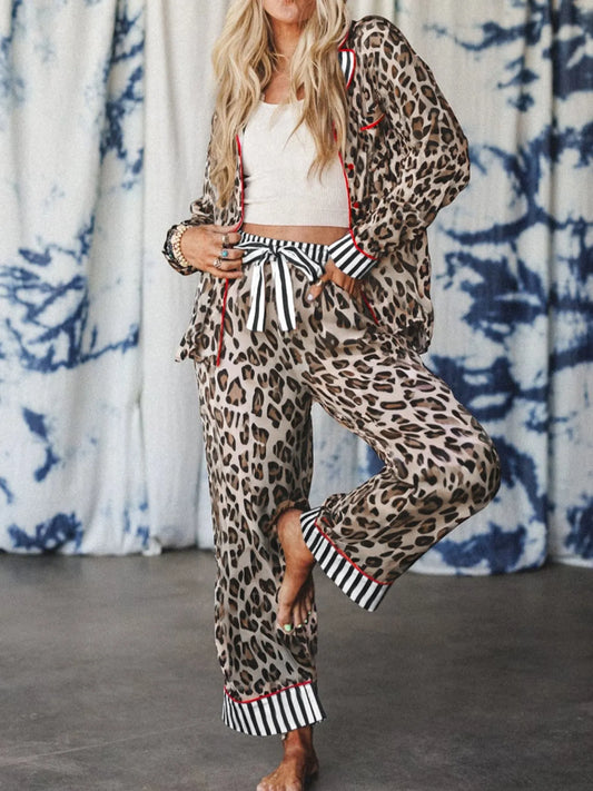 Leopard and Striped Trim Shirt and Pants Set - Brown