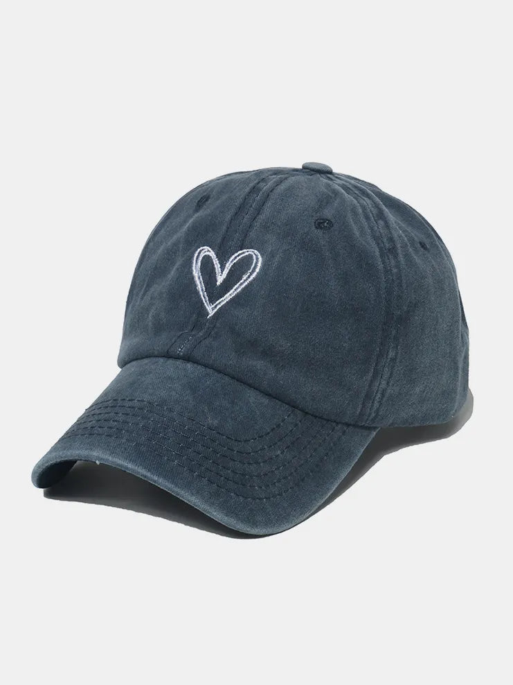 Embroidered Heart Washed Cotton Baseball Cap - Dark Blue One Size