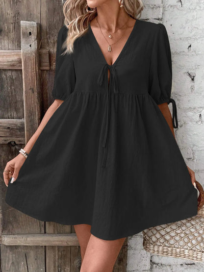 V-Neck Puff Sleeves Mini Dress -