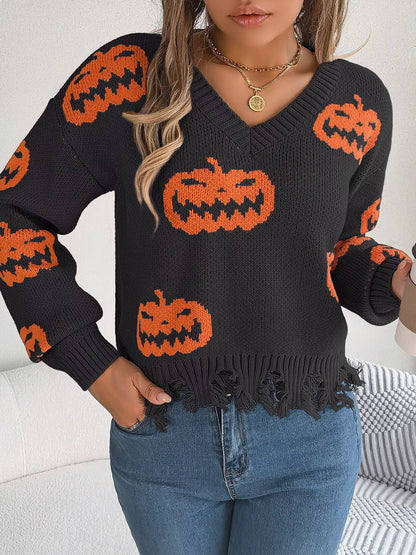 Pumpkin Pattern Raw Hem V-Neck Sweater - Black