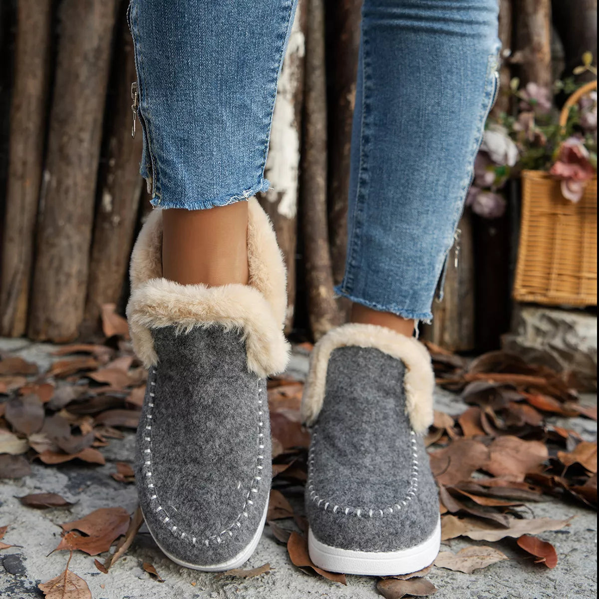 Cozy Fur-Trimmed Slip-Ons - Dark Gray