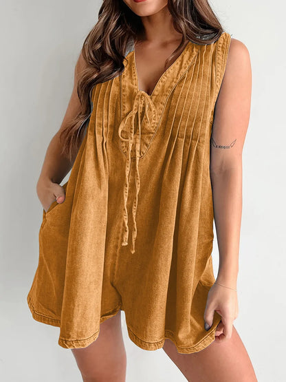 Tied Romper with Pockets - Caramel