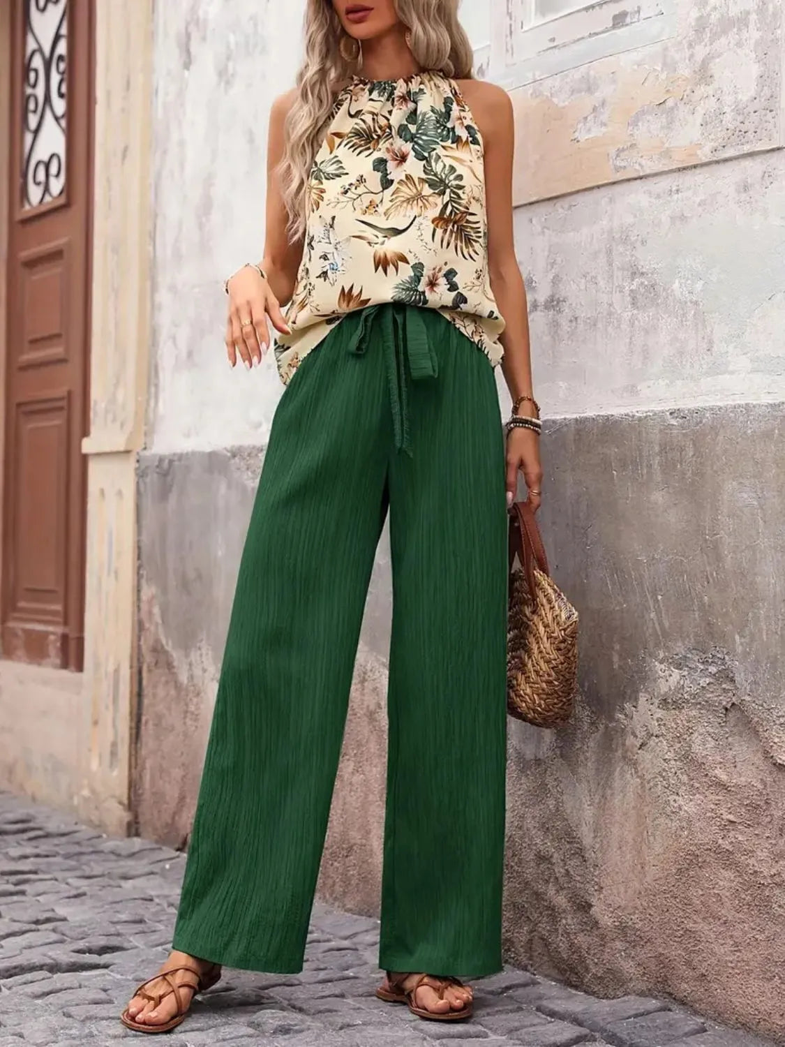 Printed Tank Top and Wide Leg Pants Set -
