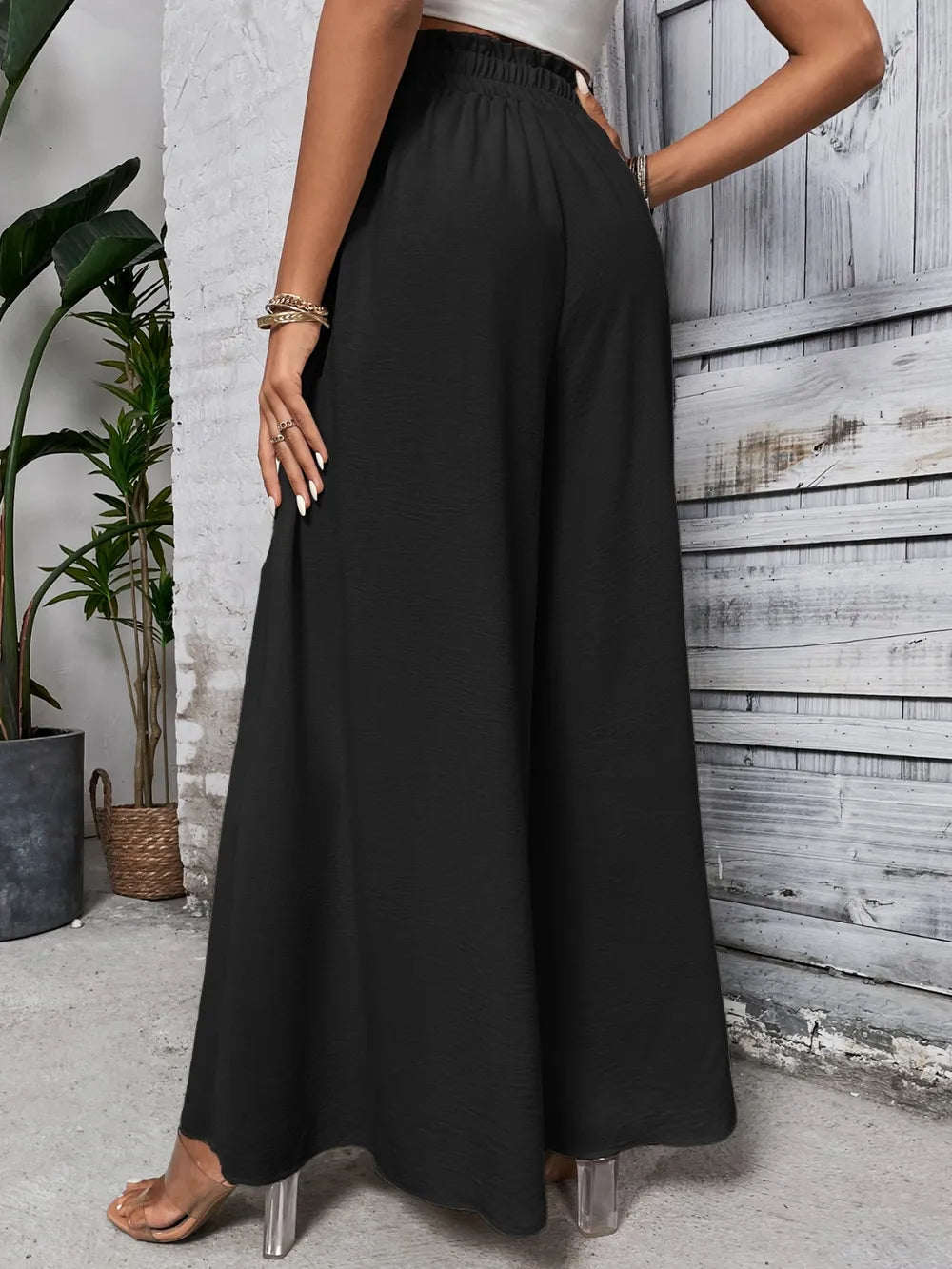 Tied High Waist Wide Leg Pants - Black