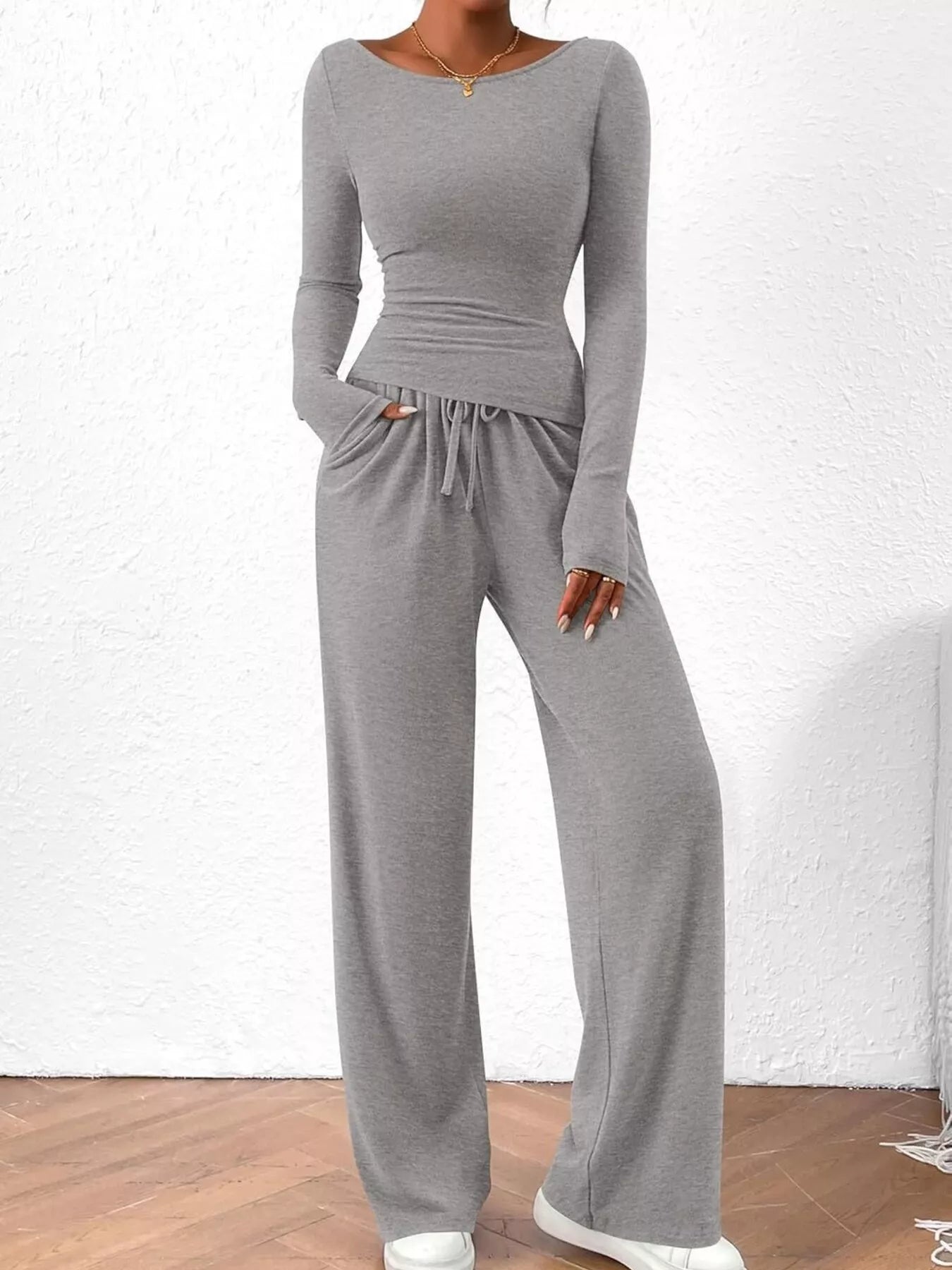 Long Sleeve Top and Wide Leg Pants Set -