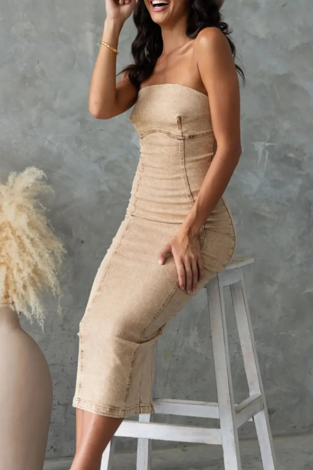 Washed Slit Back Tube Denim Dress -