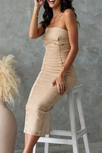 Washed Slit Back Tube Denim Dress -