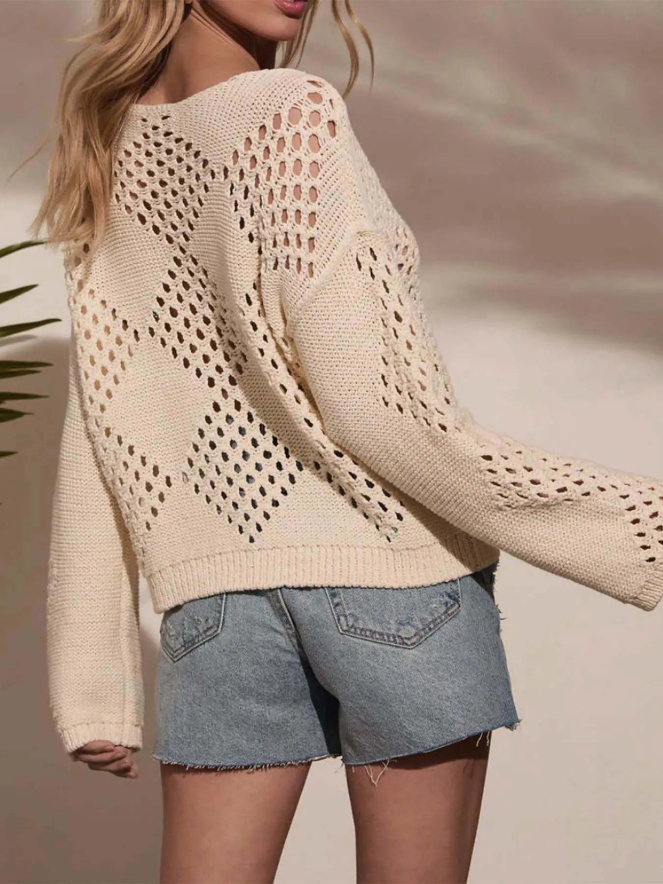 Openwork Boat Neck Long Sleeve Sweater - Beige