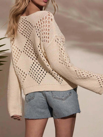Openwork Boat Neck Long Sleeve Sweater - Beige