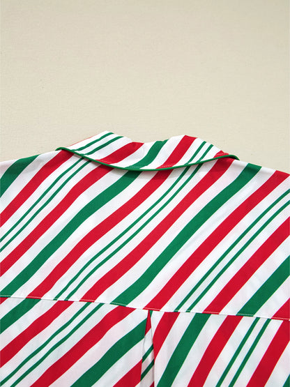 Stripe Contrast Velvet Ribbon Knot Pajama Set -