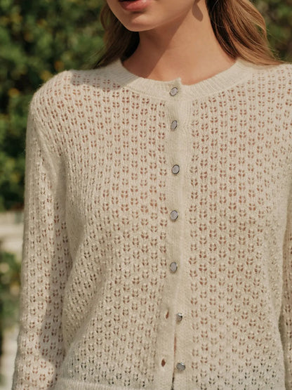 Openwork Button Up Long Sleeve Cardigan - Beige