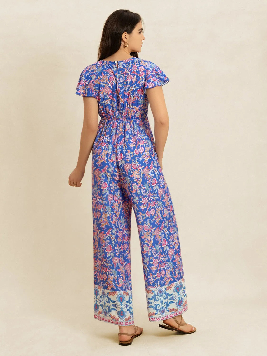 Printed V-Neck Wide Leg Jumpsuit -