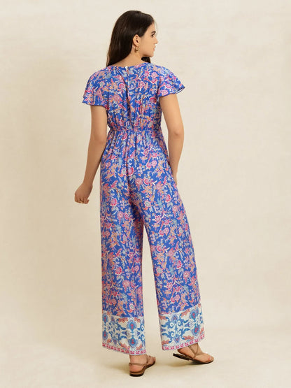 Printed V-Neck Wide Leg Jumpsuit -