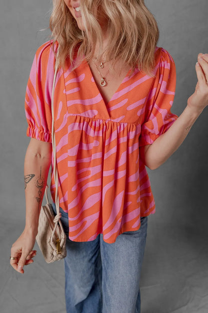 Zebra Stripe Print Ruched Cuff Half Sleeve Blouse -