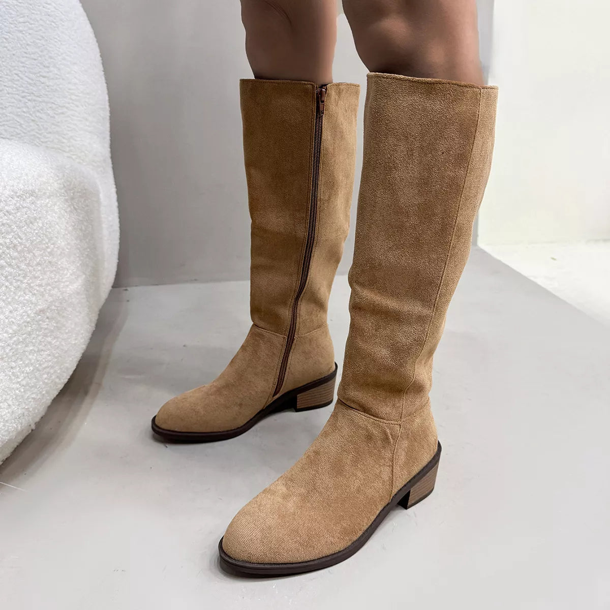Side Zipper Closure Suede Knee-High Boots -
