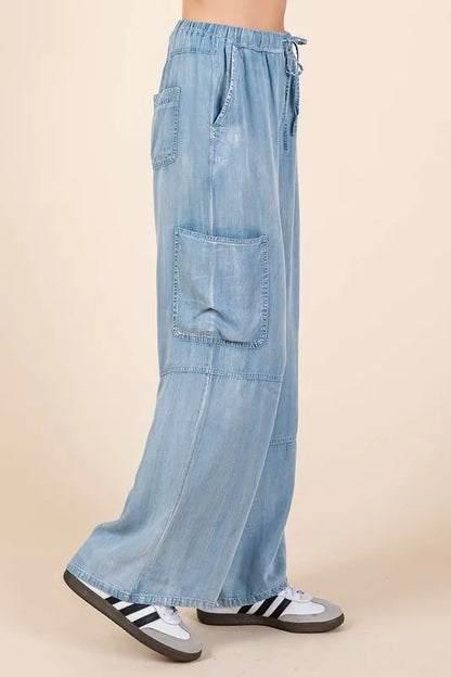 Washed Elastic Waist Cargo Wide Leg Pants -