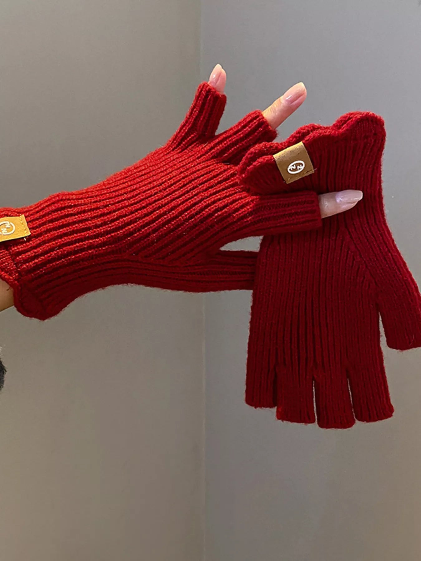 Fingerless Knitted Gloves - Red One Size