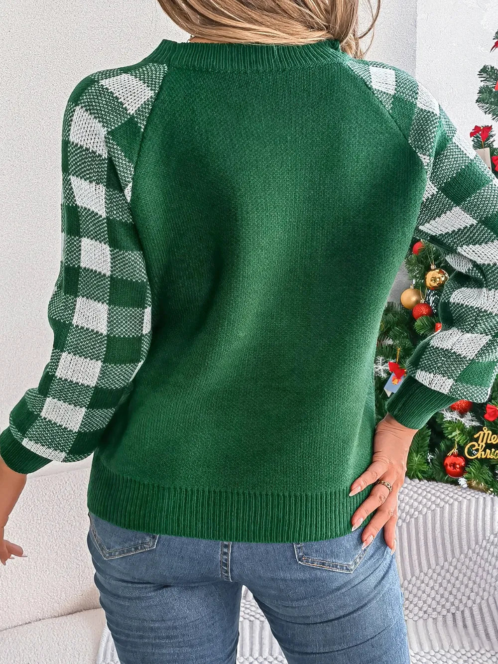 Reindeer Plaid Long Sleeve Sweater - Dark Green
