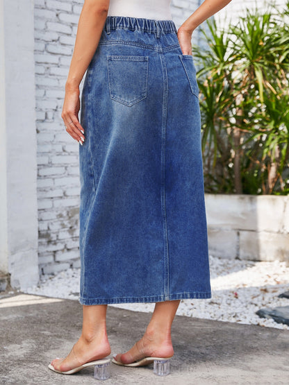 Slit Midi Denim Skirt with Pockets - Dusty Blue