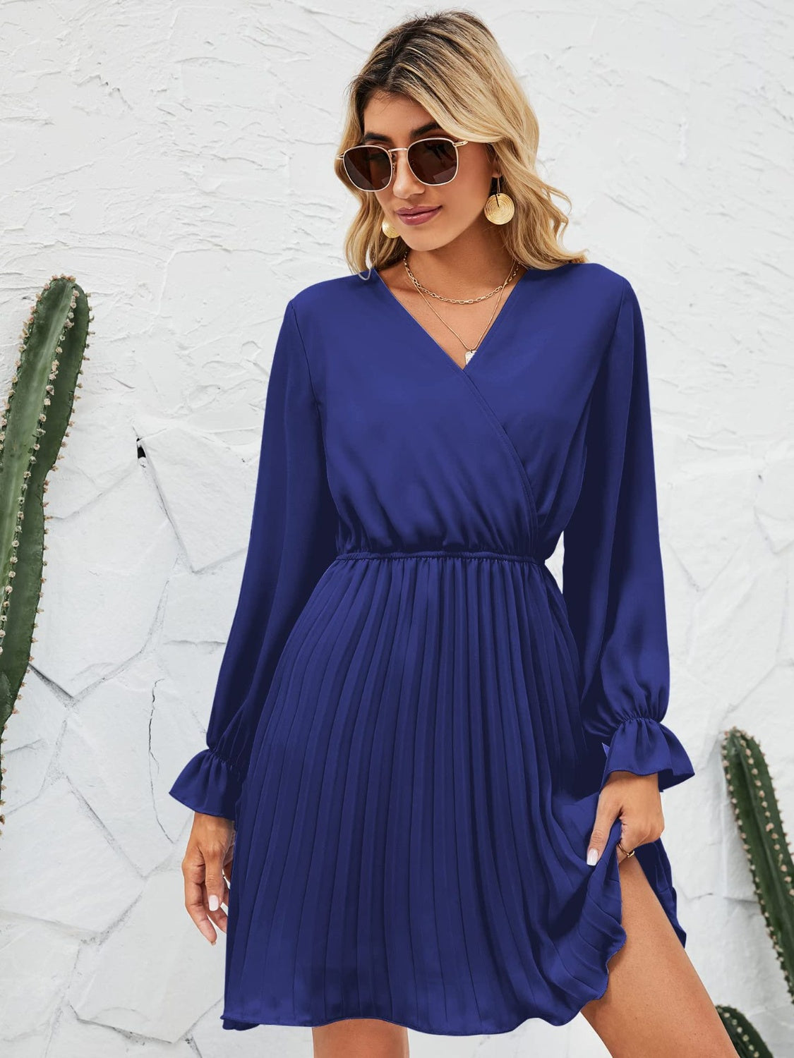 Surplice Flounce Sleeve Pleated Mini Dress - Cobalt Blue