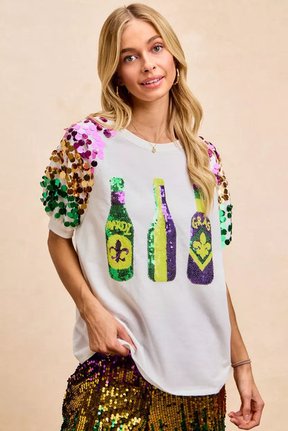 Sequin Mardi Gras Bottles Spangled Sleeve Top -