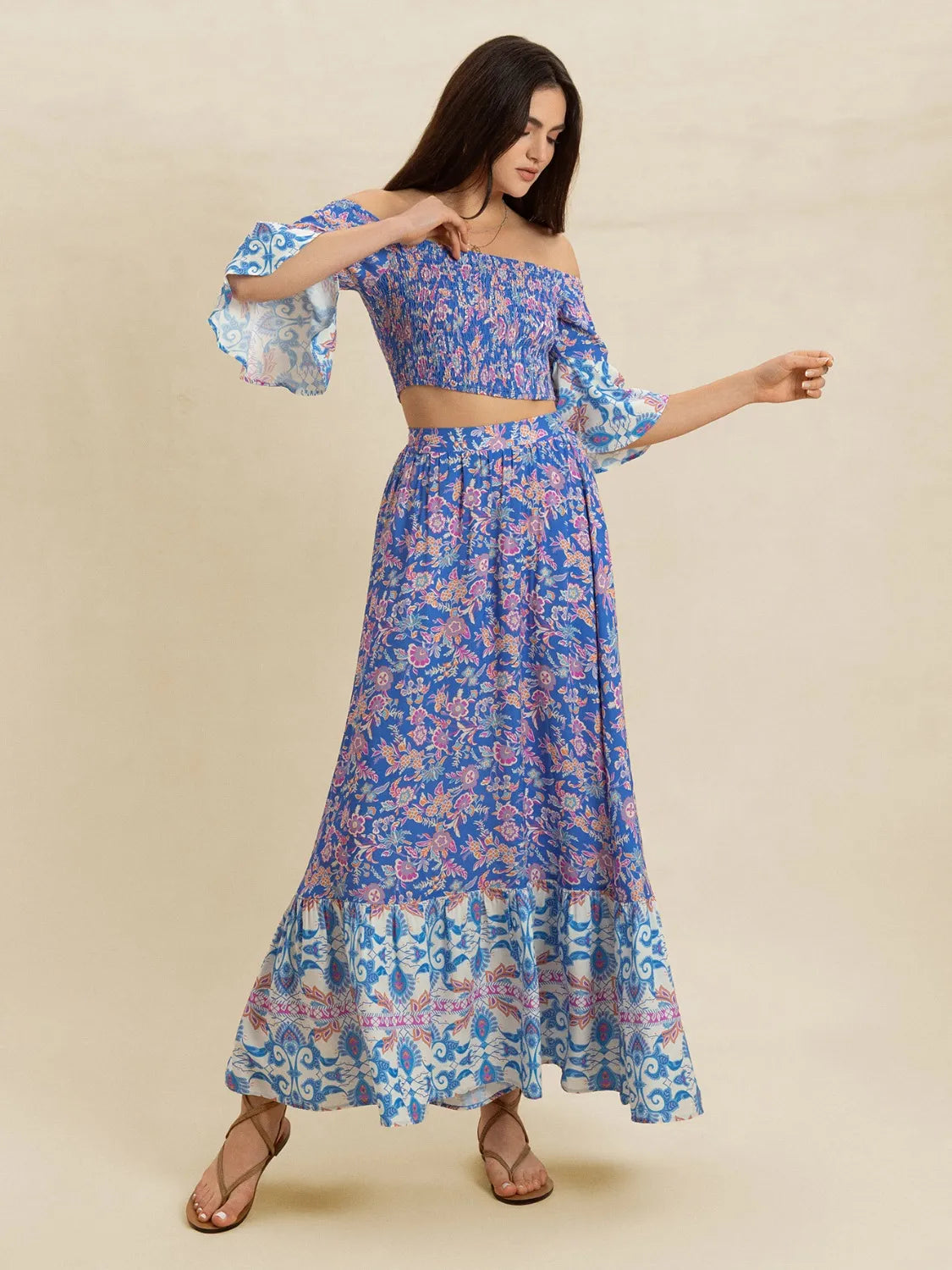 Smocked Off-Shoulder Printed Top and Skirt Set - Blue Purple