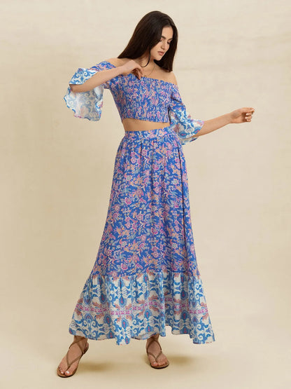 Smocked Off-Shoulder Printed Top and Skirt Set - Blue Purple