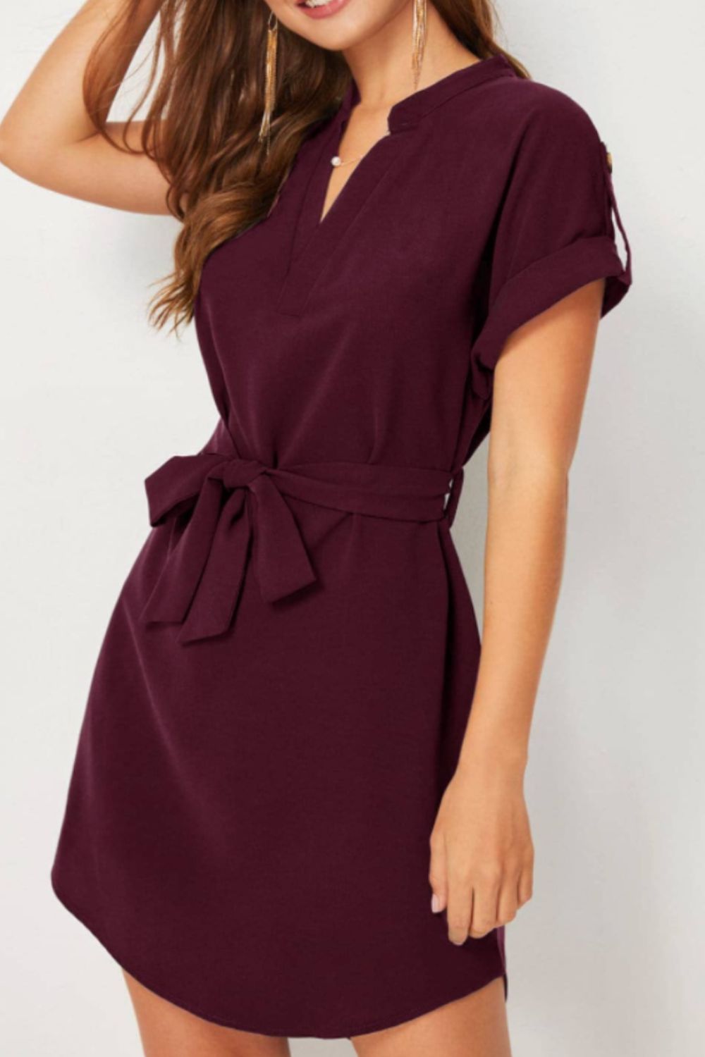 Tied Notched Short Sleeve Dress