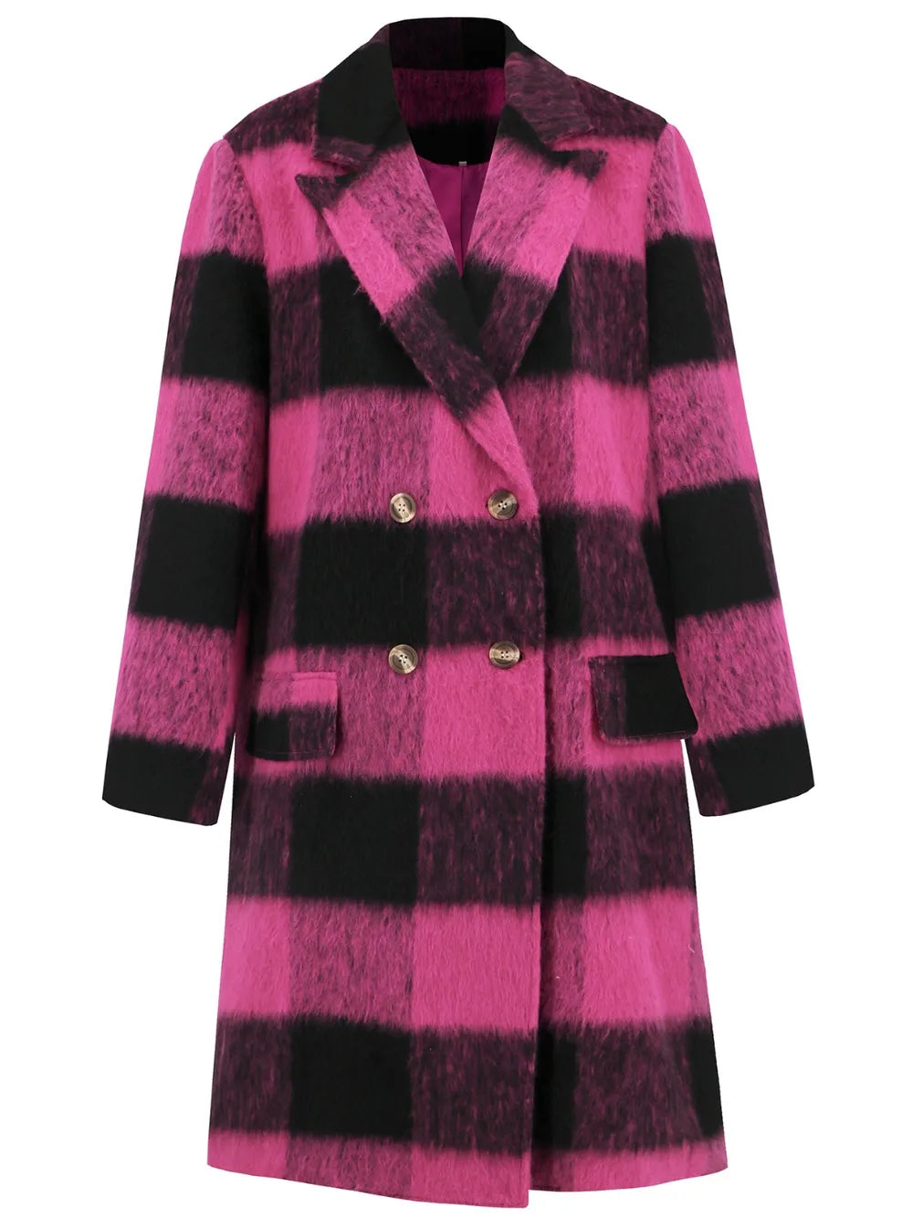 Plaid Double-Breasted Long Sleeve Coat - Hot Pink