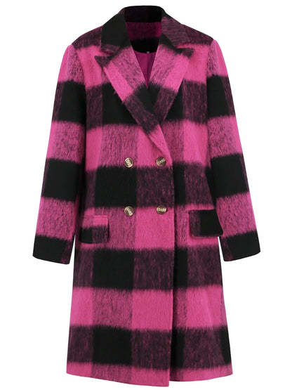 Plaid Double-Breasted Long Sleeve Coat - Hot Pink