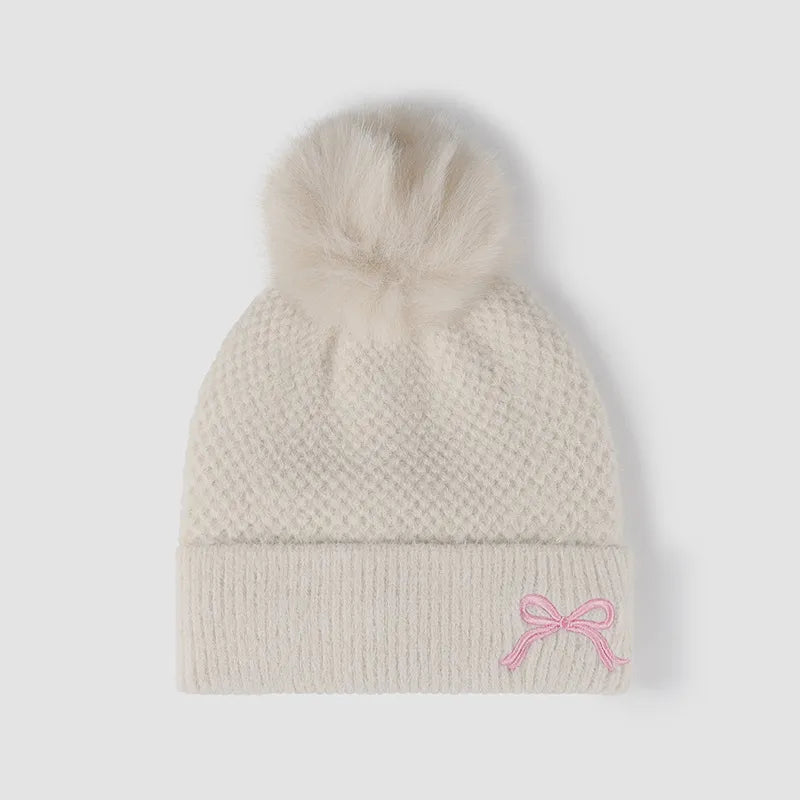 Thermal Bow Knit Hat with Pompom - Beige One Size