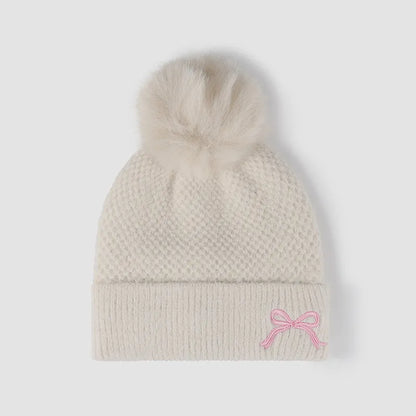 Thermal Bow Knit Hat with Pompom - Beige One Size