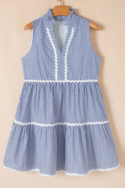 Stripe Sleeveless Notched Ric Rac Mini Dress -