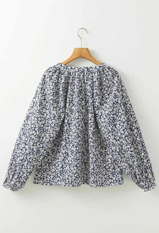 Floral Print Notched Long Sleeve Blouse -