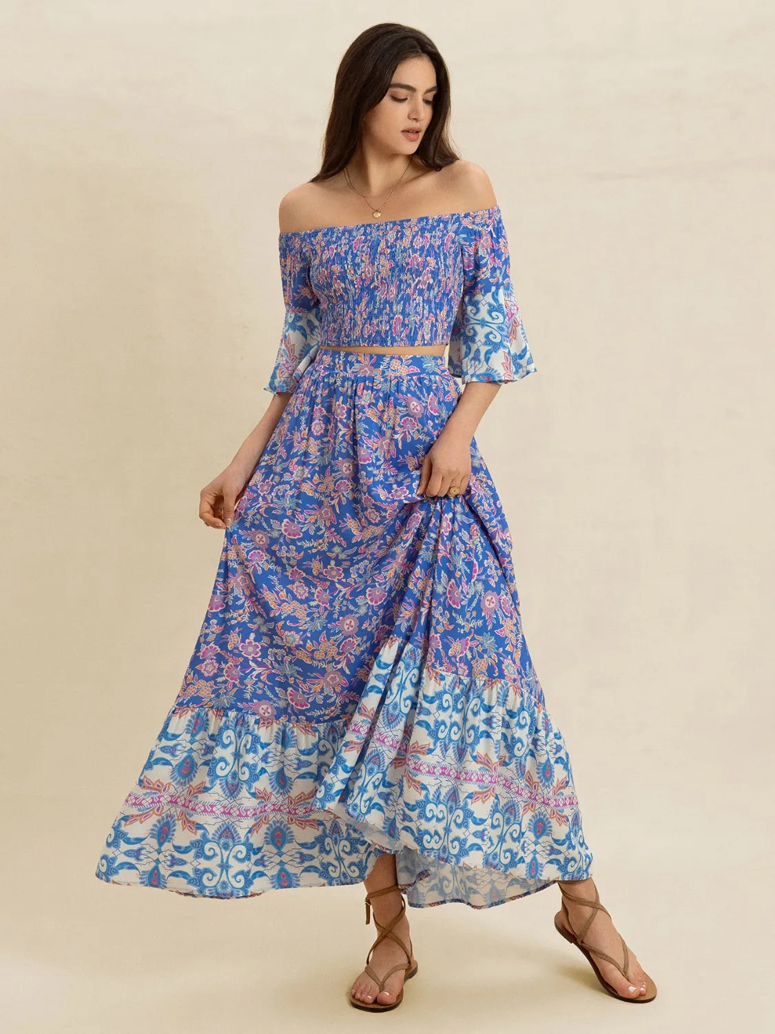 Smocked Off-Shoulder Printed Top and Skirt Set - Blue Purple