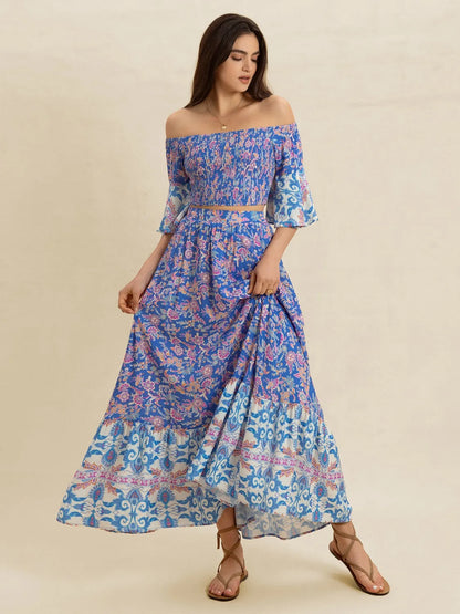 Smocked Off-Shoulder Printed Top and Skirt Set - Blue Purple