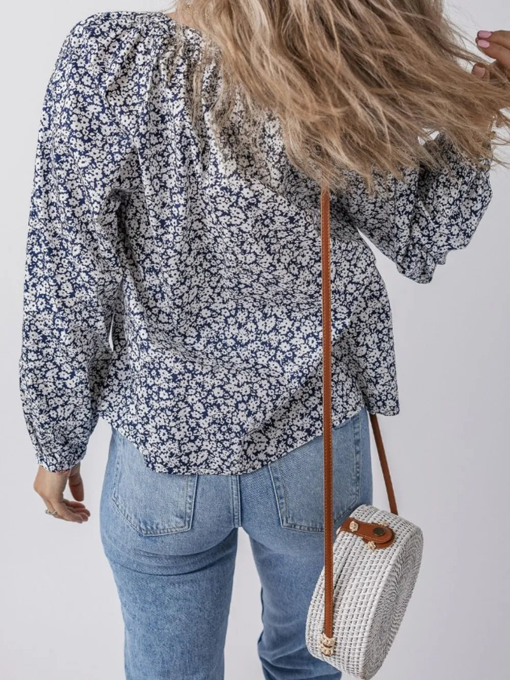 Floral Print Notched Long Sleeve Blouse -
