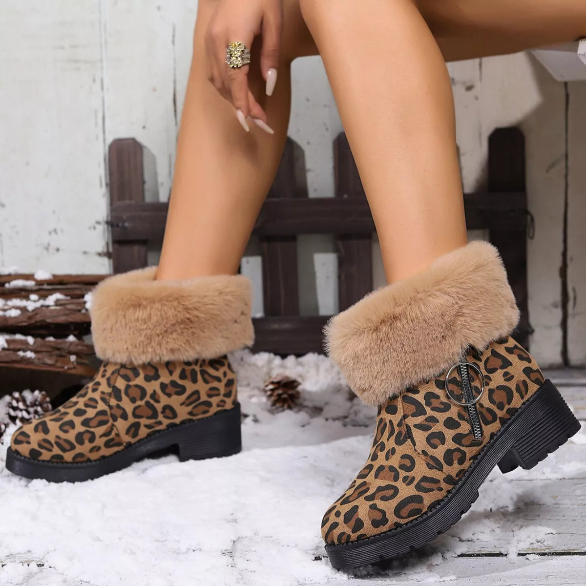 Fuzzy Cuff Leopard Print Ankle Boots -