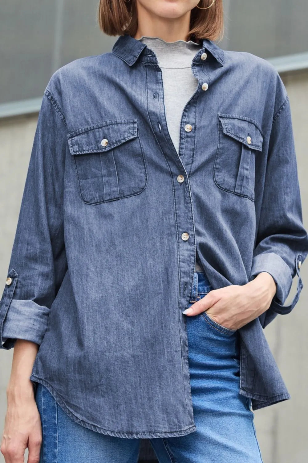 Collared Neck Long Sleeve Denim Top - Navy
