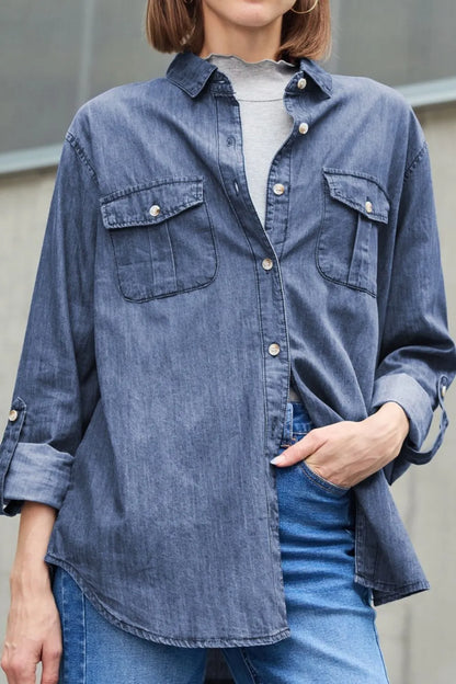 Collared Neck Long Sleeve Denim Top - Navy