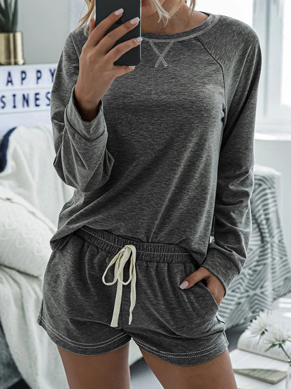 Round Neck Raglan Sleeve Top and Shorts Lounge Set -