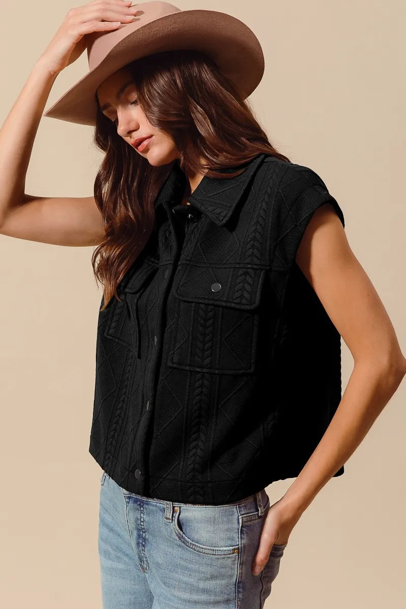 Cable Quilting Stitch Button Up Knit Vest - Black
