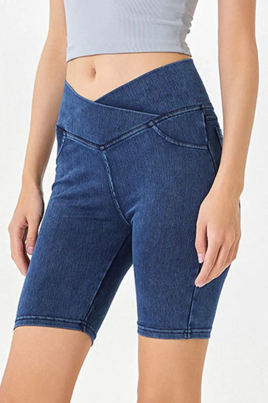 Asymmetrical Waist Denim Shorts - Peacock Blue