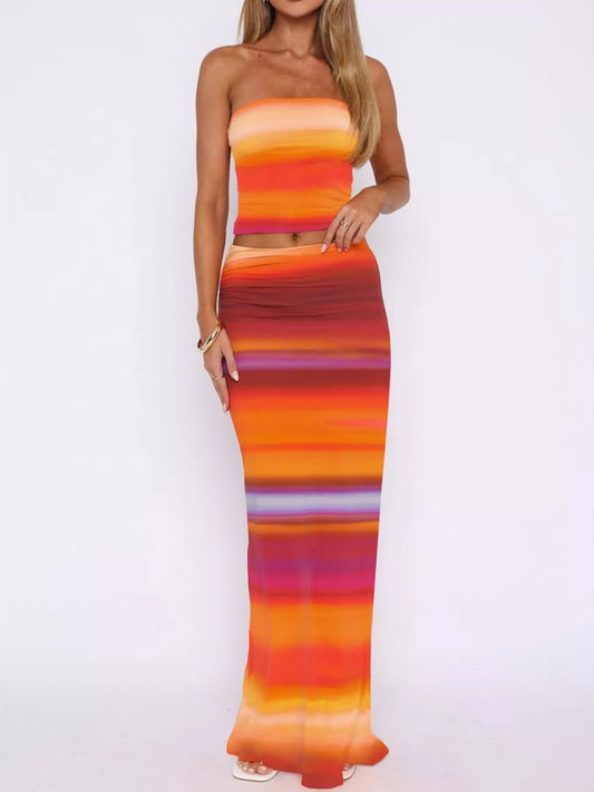 Striped Tube Top and Skirt Set - Orange