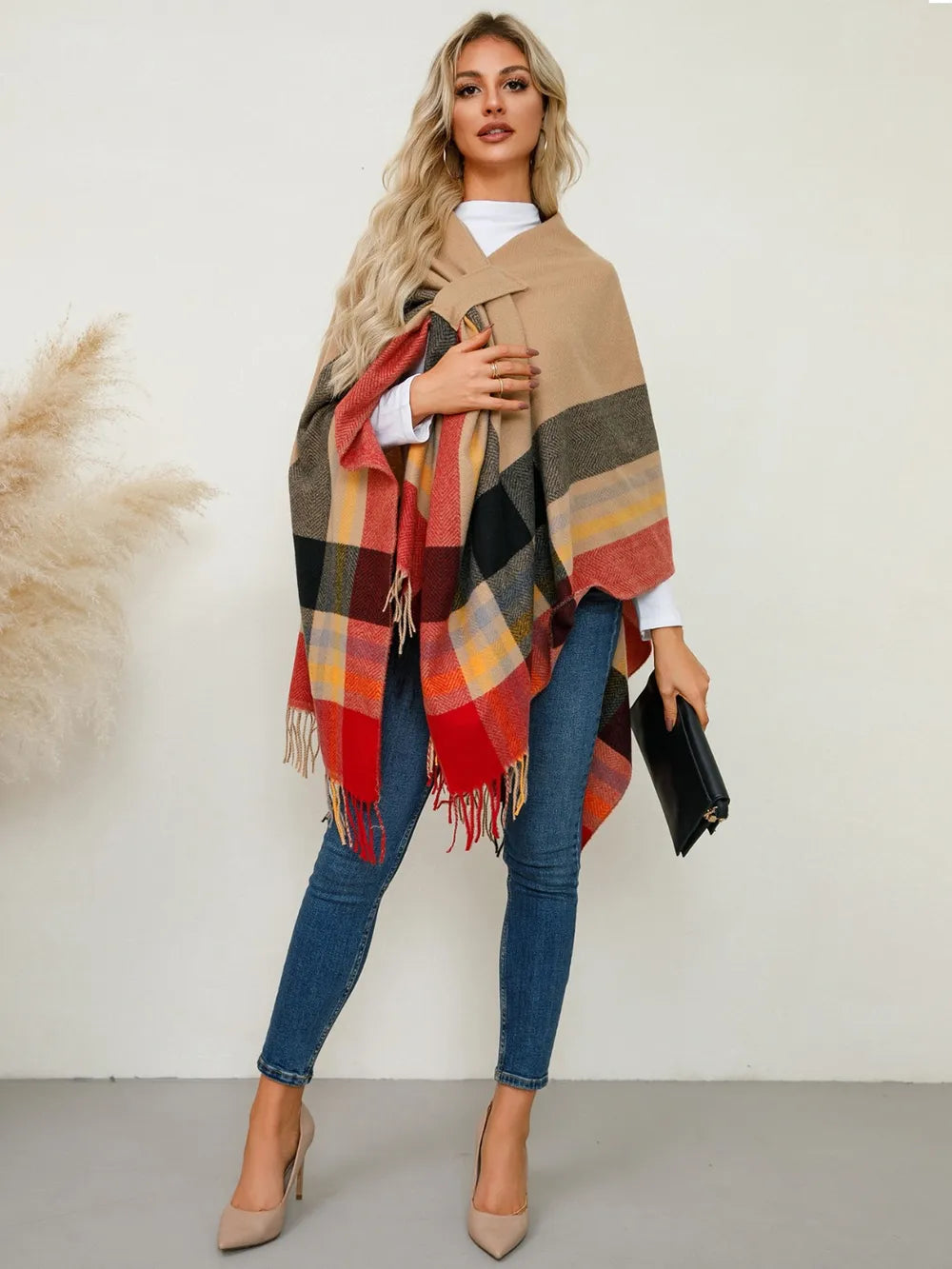 Fringe Contrast Plaid Poncho - Sherbet One Size