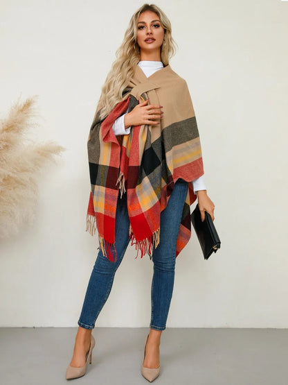 Fringe Contrast Plaid Poncho - Sherbet One Size
